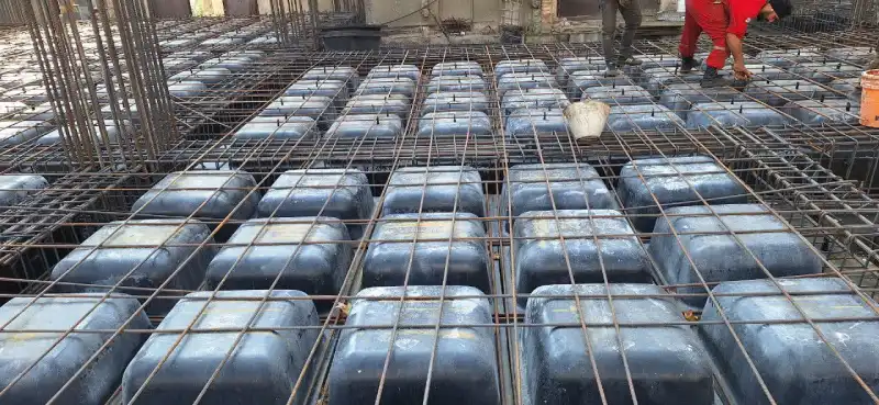 waffle slab mold with dimension of 80x80 cm Top view of Waffle Slab mold over roof before pouring concrete in Tehran Iran